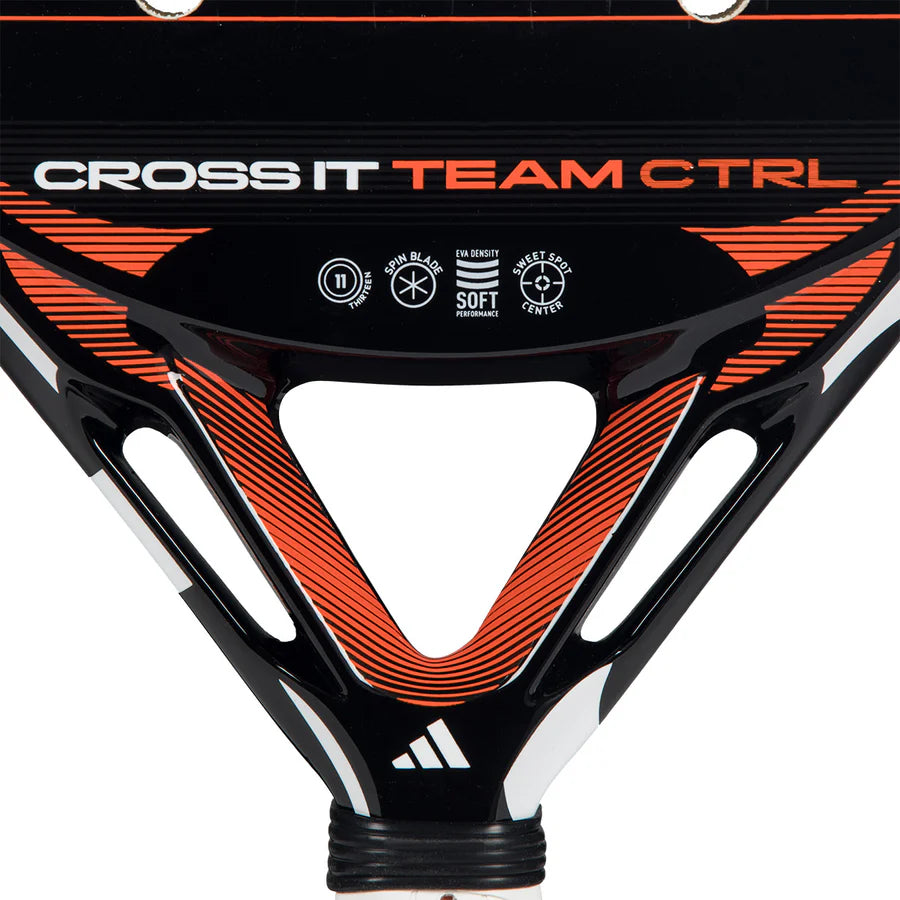 Adidas Cross It Team Ctrl 2026 padel racket with a sleek design, featuring a central zoomed view of the racket's surface.
