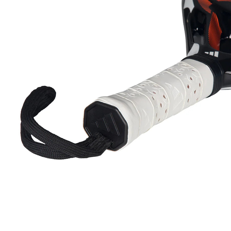 Close-up of the Adidas Cross It Team Ctrl 2026 padel racket handle showing grip and branding details.