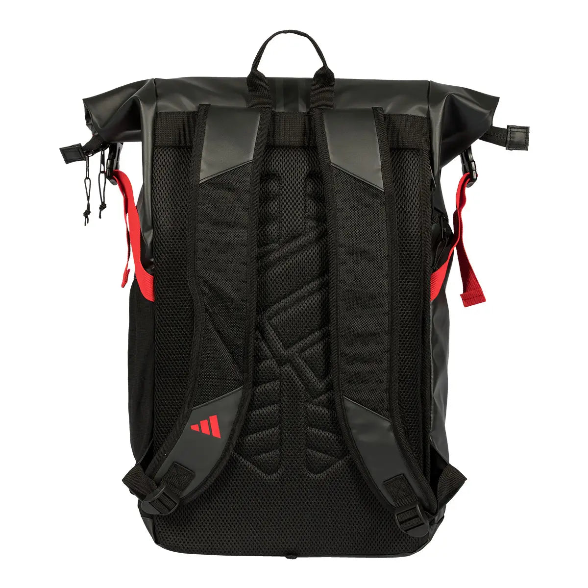 Adidas Multigame black and red backpack with multiple compartments, featuring the Adidas logo and adjustable straps.