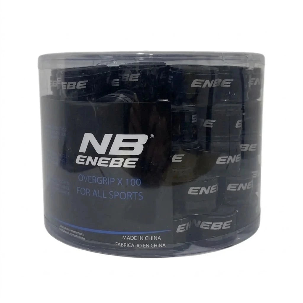 Black Enebe Cube 100 overgrips for tennis or badminton rackets, shown wrapped around a racket handle for enhanced grip.