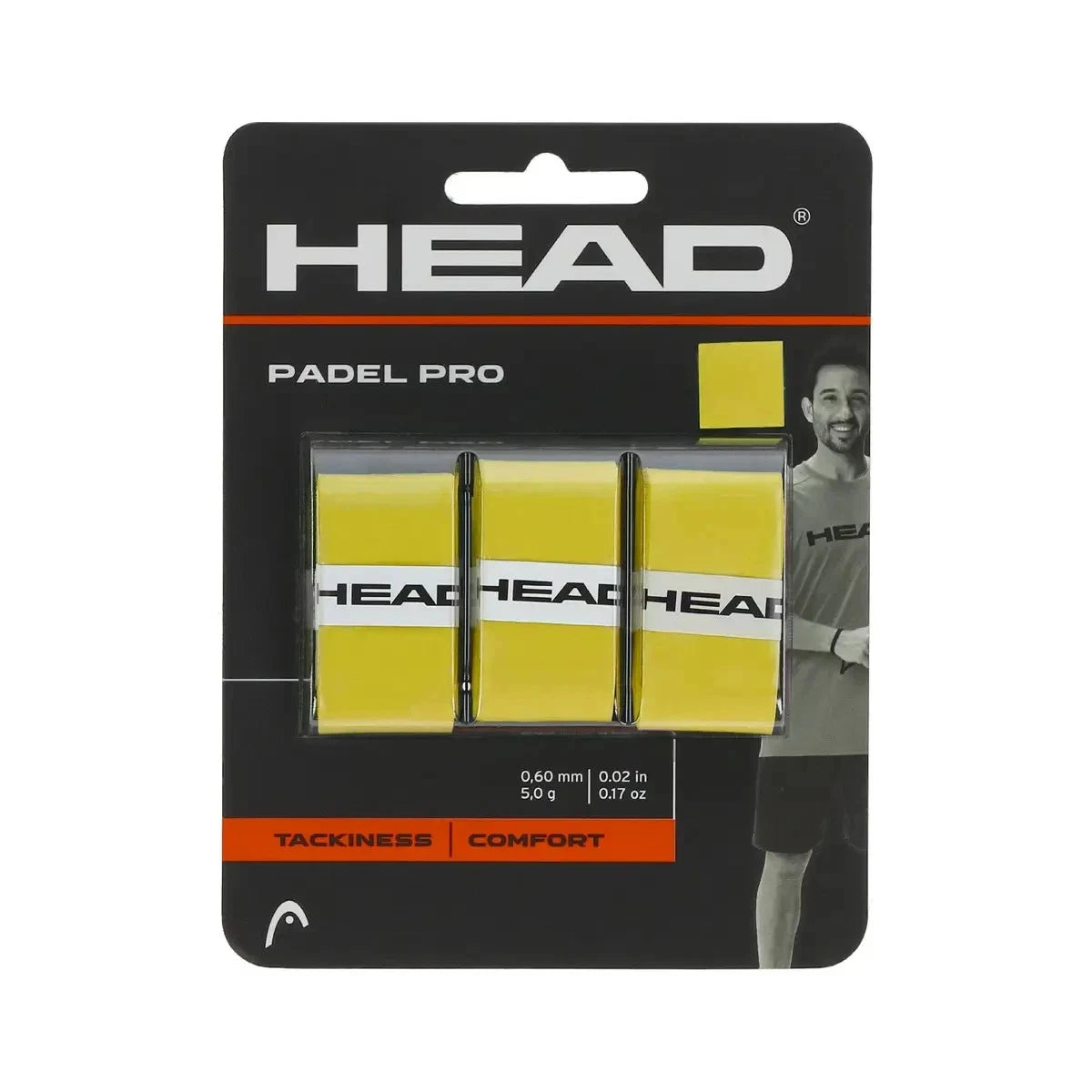 Yellow HEAD Padel Pro overgrips in a 3-pack, designed for enhanced grip and comfort on padel rackets.