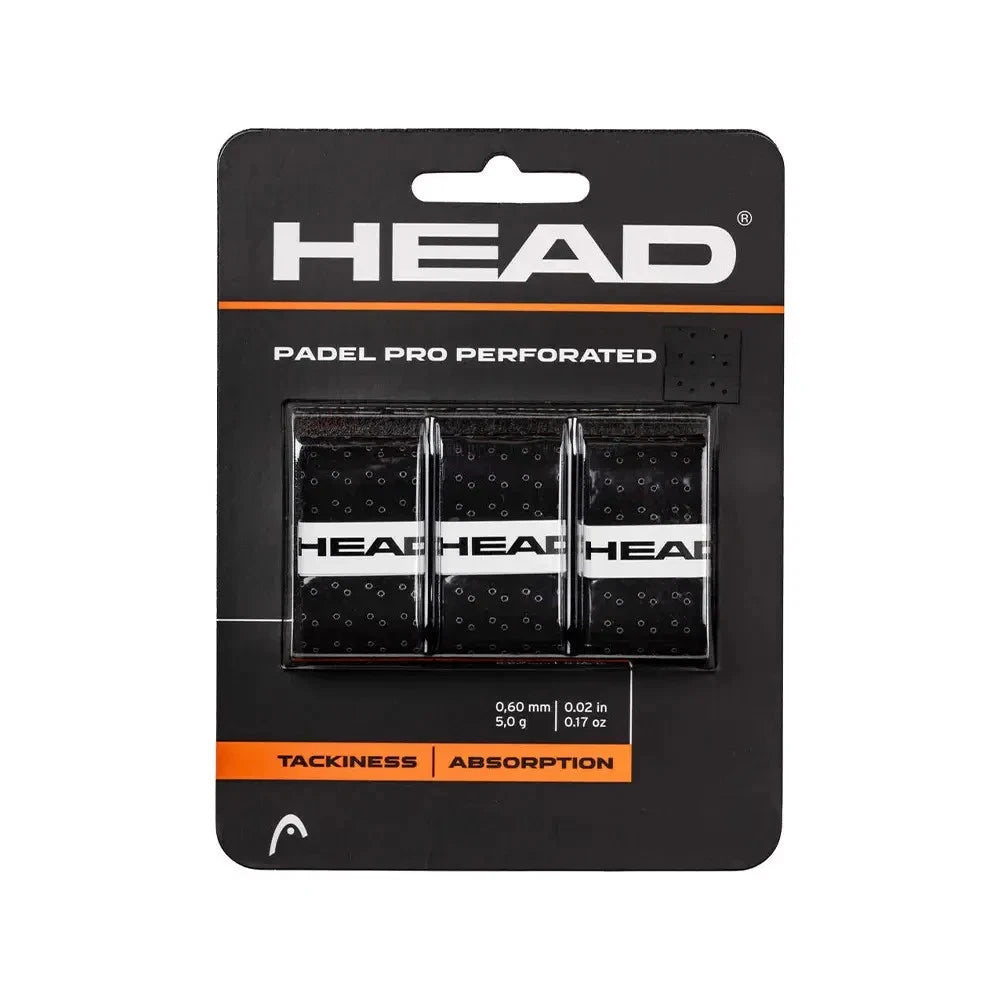 Black HEAD Padel Pro Perforated Overgrip 3-pack, designed for improved grip and durability on tennis and padel rackets.