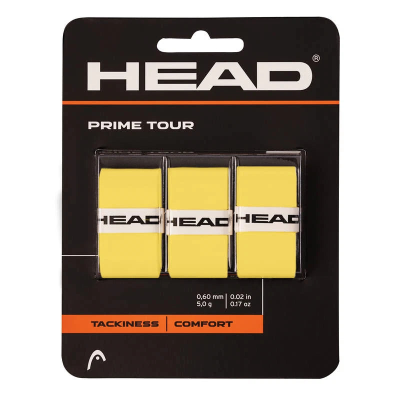 Yellow HEAD Prime Tour overgrip 3-pack for tennis rackets, shown wrapped around a handle with a textured grip surface.