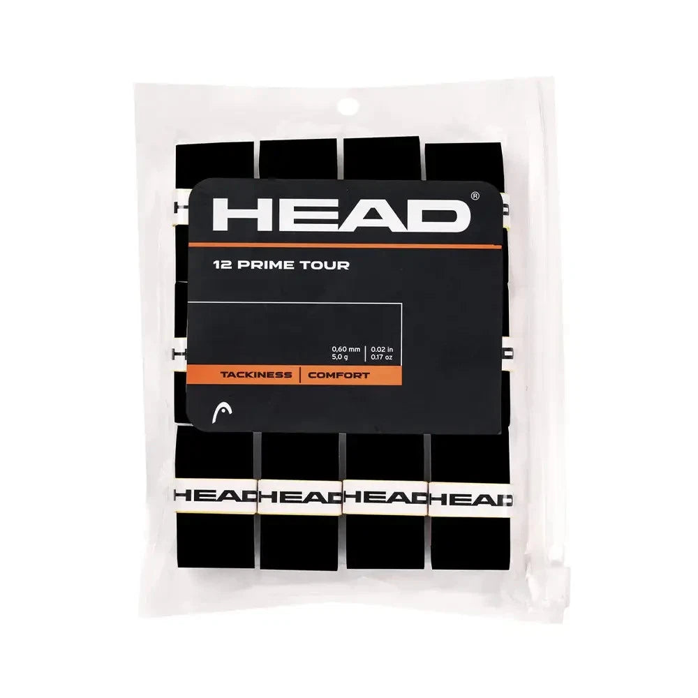 Black HEAD Prime Tour overgrip tennis grips in a 12-pack, designed for enhanced grip and control during play.