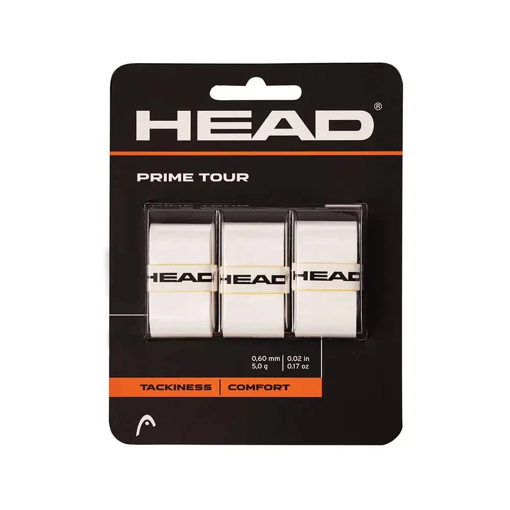 White HEAD Prime Tour overgrip tennis grips, three-pack, designed for secure, comfortable grip during play.