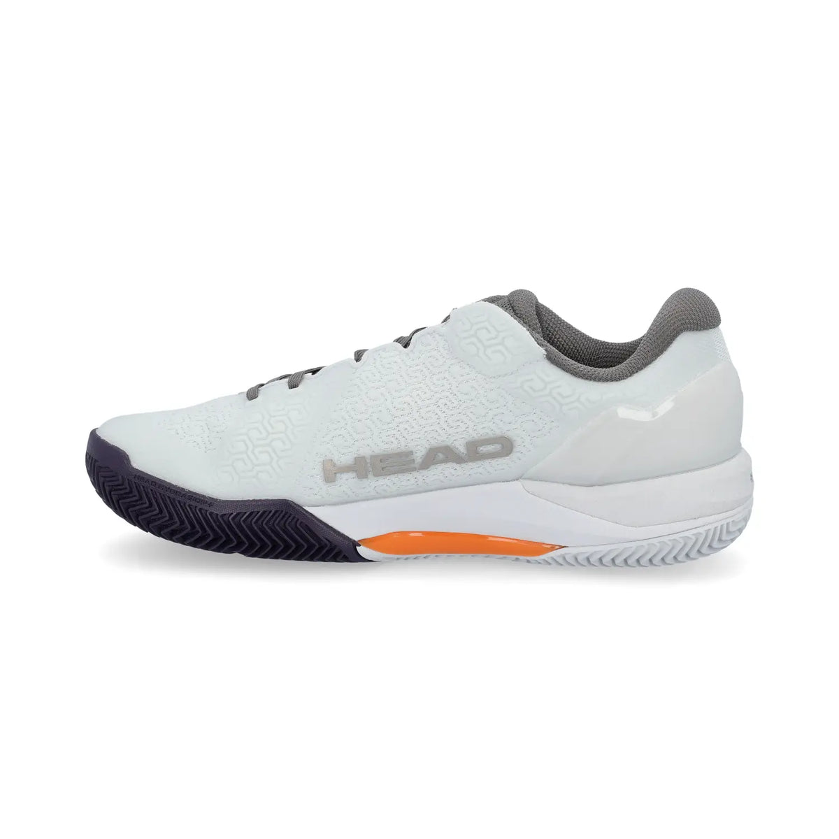 HEAD Revolt Pro 5.0 clay grey and purple night court shoes with Nike UK size 8, featuring a sleek athletic design.