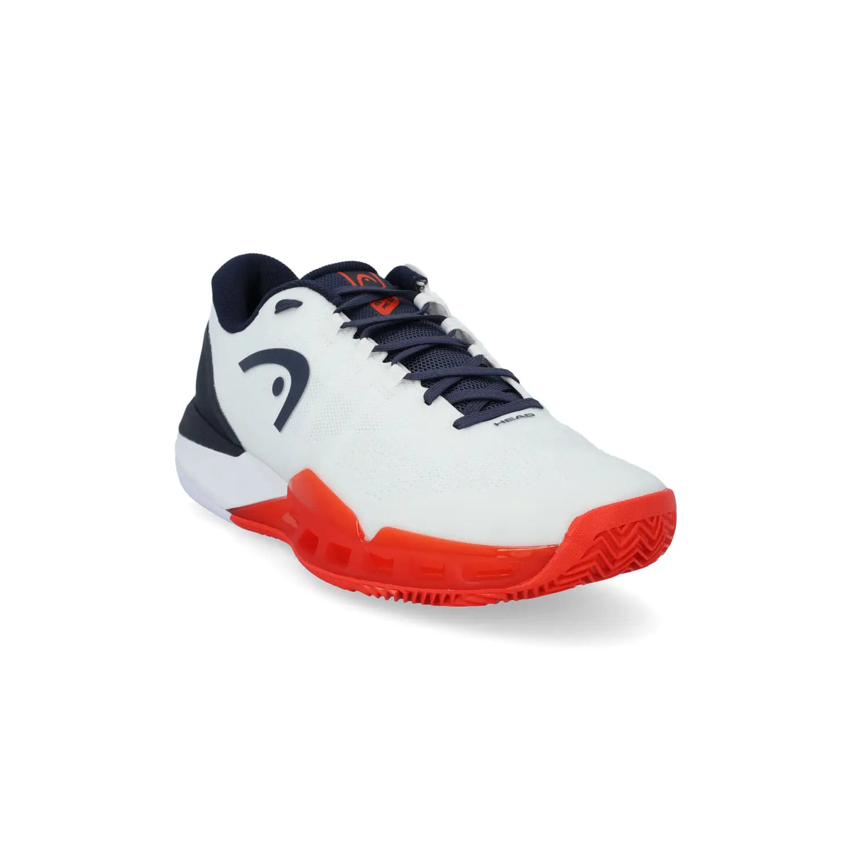 HEAD Revolt Pro 5.0 Clay white and red court shoes for tennis, featuring a sleek design and durable sole for performance.