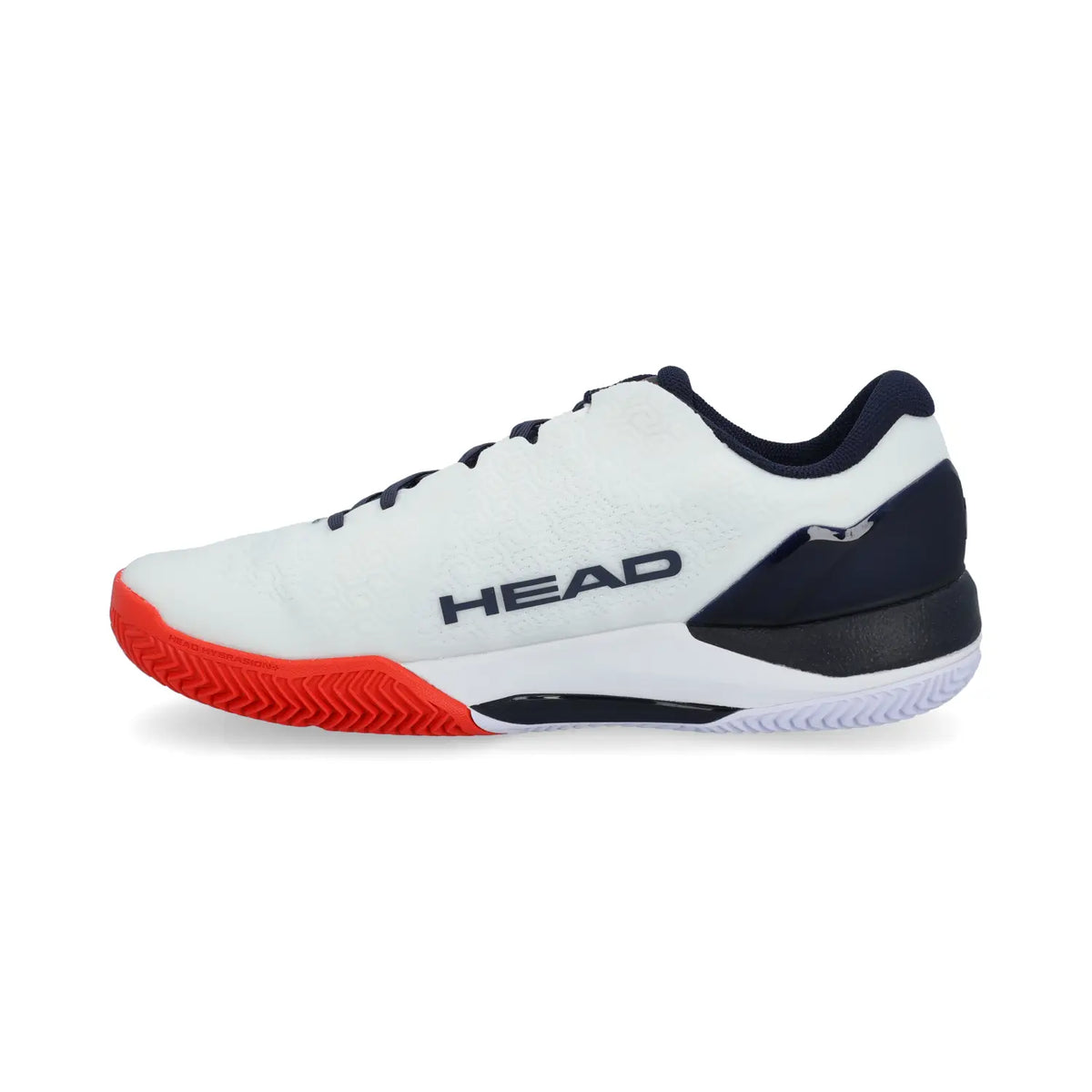 Head Revolt Pro 5.0 Clay white and red court shoes, UK 8.5, featuring a sleek design and athletic court-ready style.