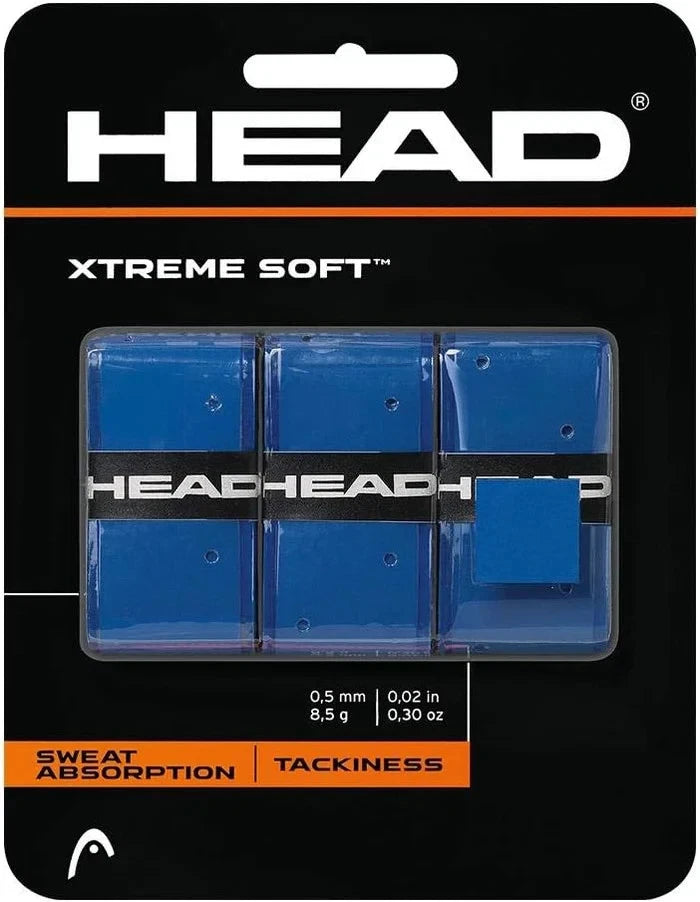 Blue HEAD Xtreme Soft Padel Overgrip 3-pack, shown wrapped around a tennis racket handle for enhanced grip and comfort.