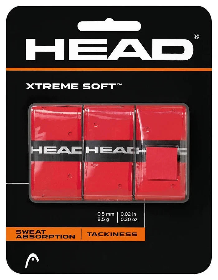 Red HEAD Xtreme Soft Padel overgrip shown on a tennis racket for enhanced grip and comfort during play