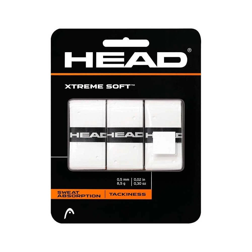 HEAD Xtreme Soft Padel Overgrip in white, three-pack, showing textured surface and packaging for tennis and padel rackets.