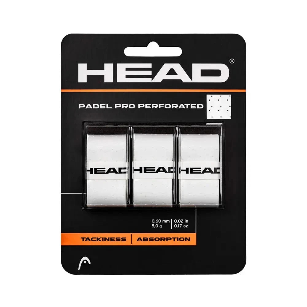 Head Padel Pro perforated overgrip in white, shown in a 3-pack, designed for enhanced grip and comfort during play.