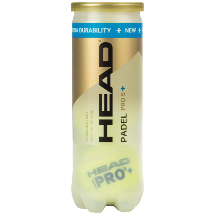 Three HEAD Padel Pro S+ padel balls in a can, showcasing bright yellow balls with branding and packaging details.
