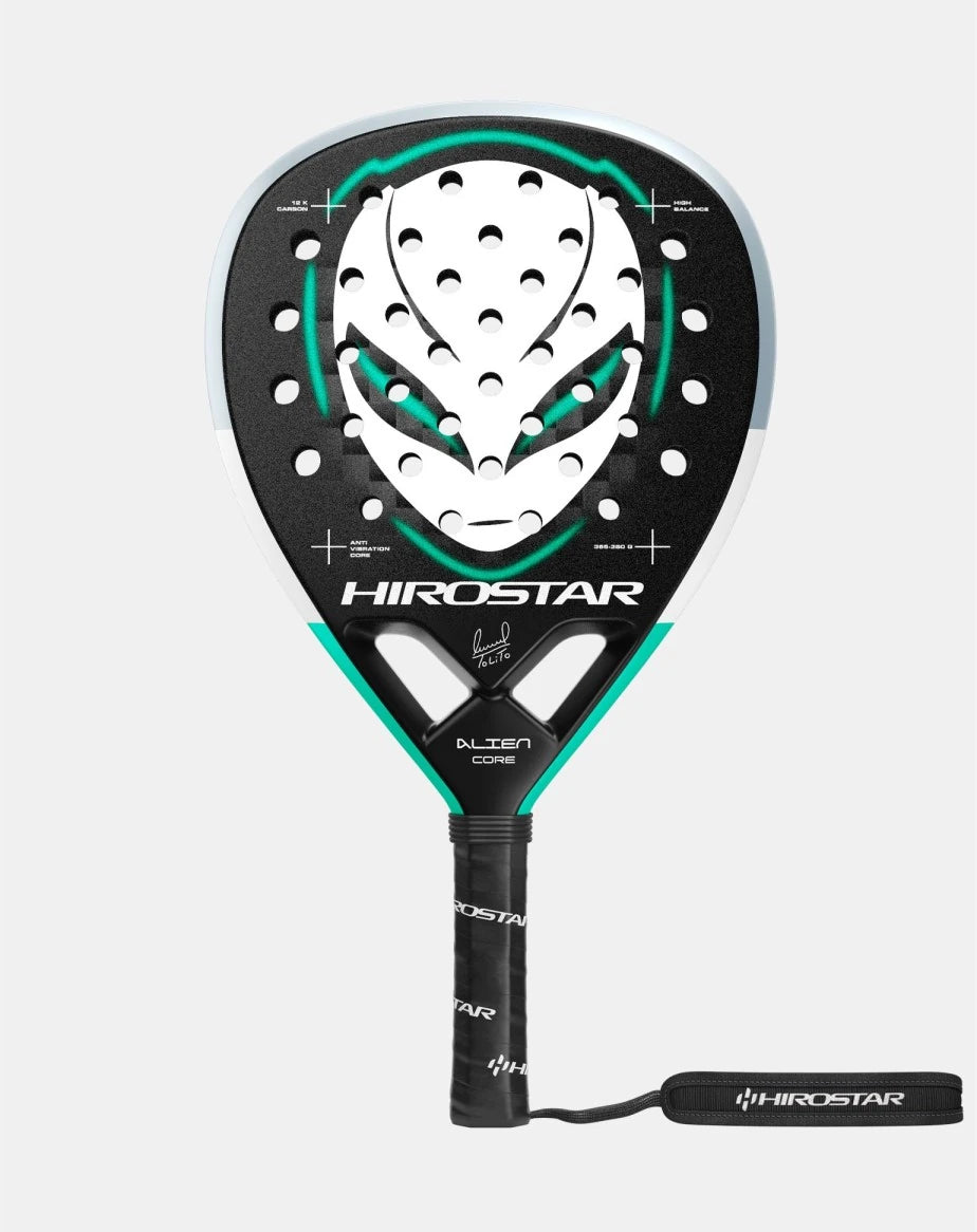 Hirostar Alien Core 26 Padel Racket by PDLSport, featuring a sleek design and grip, used by player Tolito Aguirre.