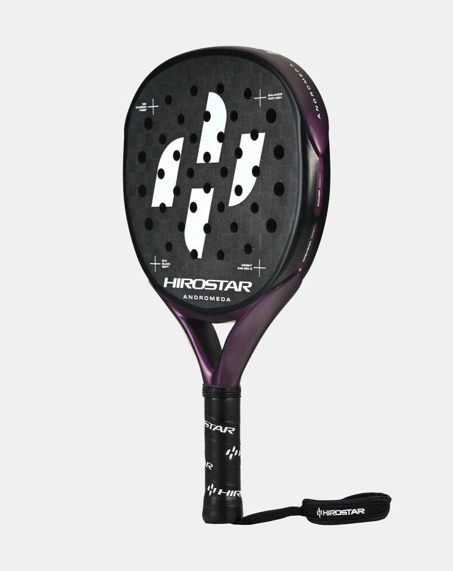 Hirostar Andromeda 25 padel racket by PDLSport, featuring a sleek design with a black and blue color scheme and ergonomic handle.