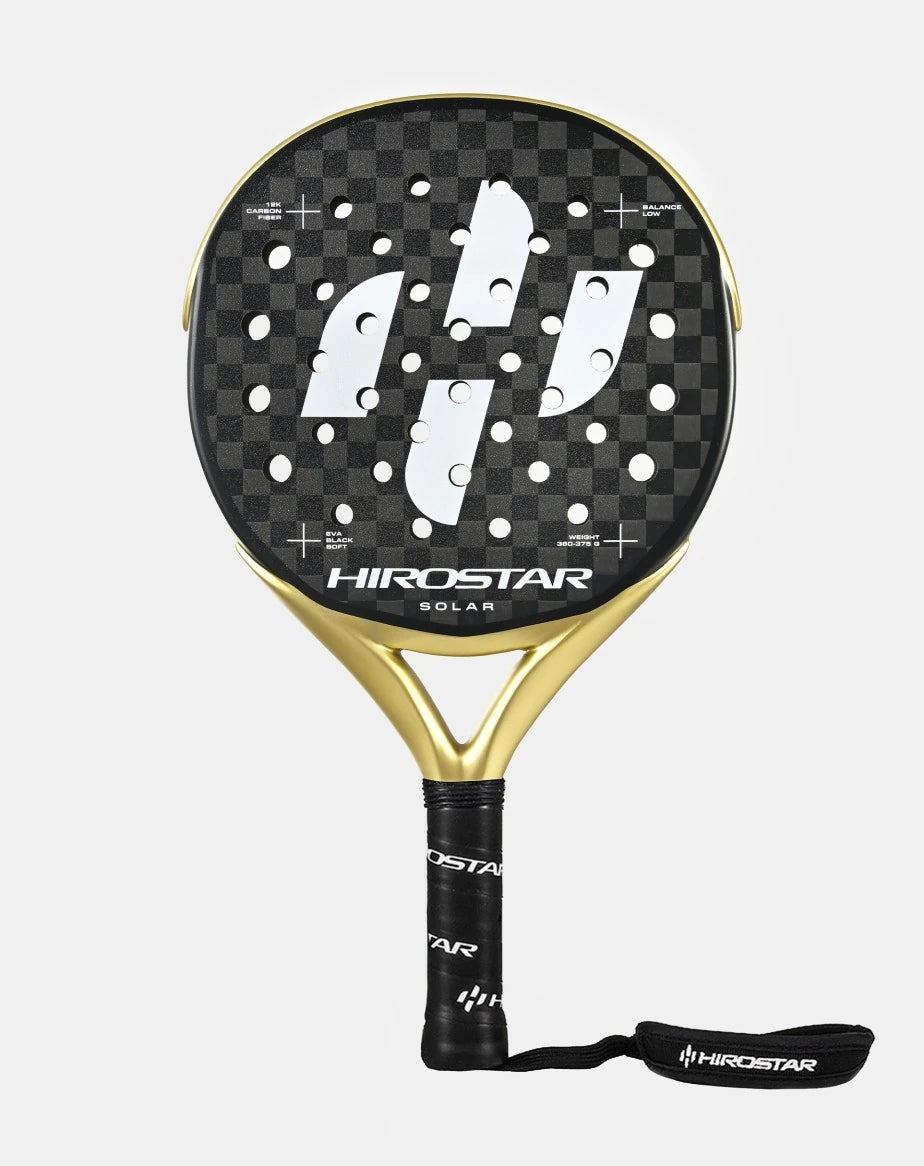 Hirostar Solar 25 padel racket by PDLSport, showing a sleek design with a black and green color scheme, lightweight sports equipment.
