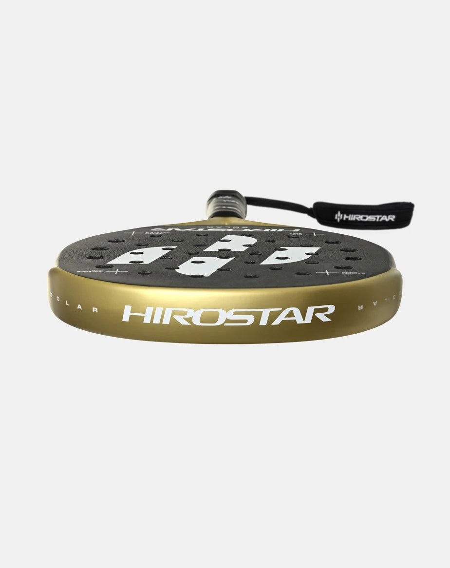 Hirostar Solar 25 Padel Racket by PDLSport, showing the black and yellow design with grip and string pattern.