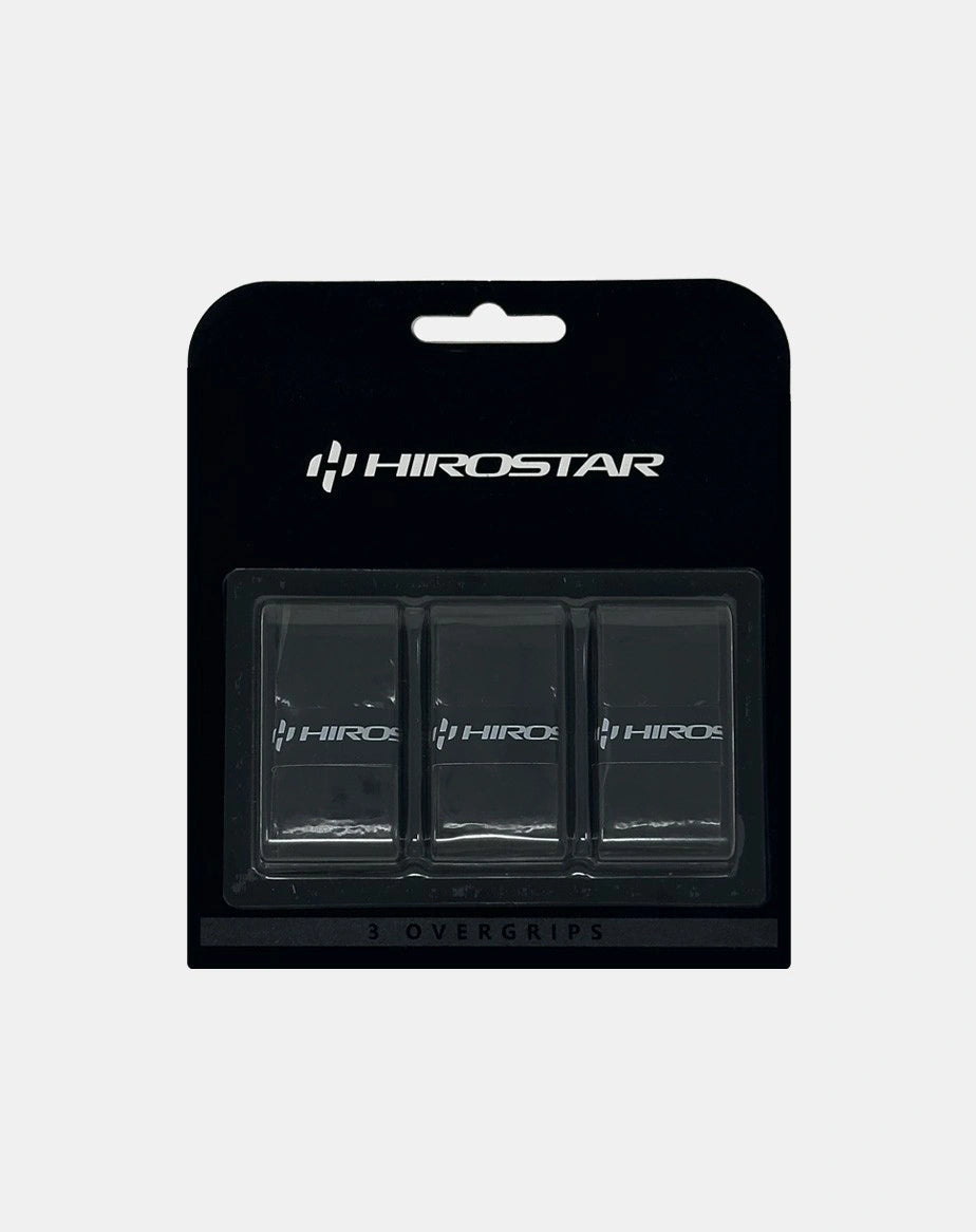 Black Hirostar overgrip by PDLSport, shown wrapped around a tennis or badminton racket handle for improved grip.