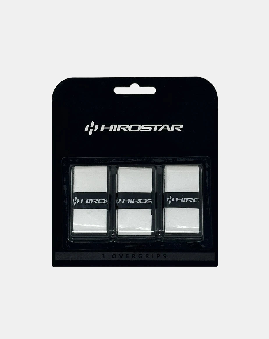 White Hirostar overgrip by PDLSport, shown wrapped around a tennis racket handle for enhanced grip and comfort during play.