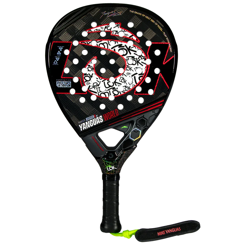 My Store LOK MAXX HYPE YANGUAS WORLD padel racket with black and yellow design, featuring a sleek, modern shape for enhanced performance.
