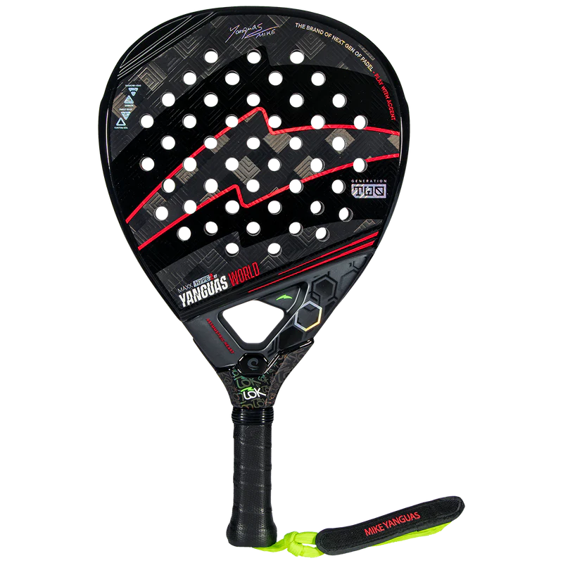 Lok Maxx Hype Yanguas World padel racket with a sleek design, featuring vibrant colors and a lightweight frame for optimal performance.