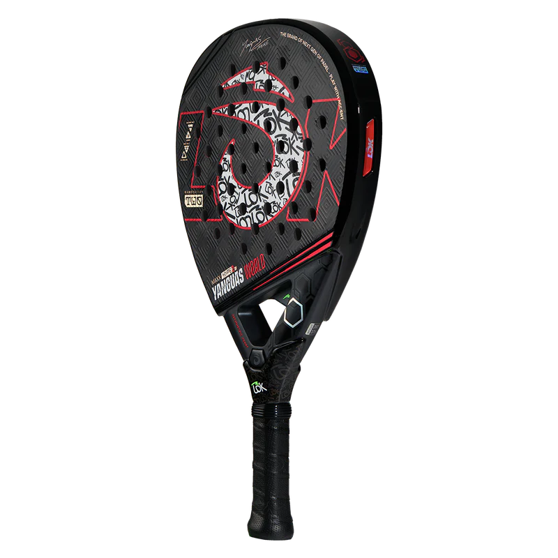 Lok Maxx Hype Yanguas World padel racket with a sleek design, featuring vibrant graphics and a sturdy frame for optimal gameplay.