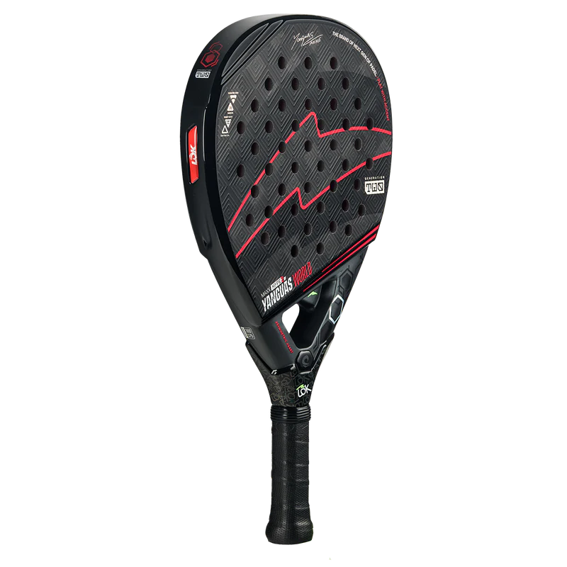 Lok Maxx Hype Yanguas World padel racket with a sleek design, featuring vibrant colors and grip, ideal for energetic gameplay.
