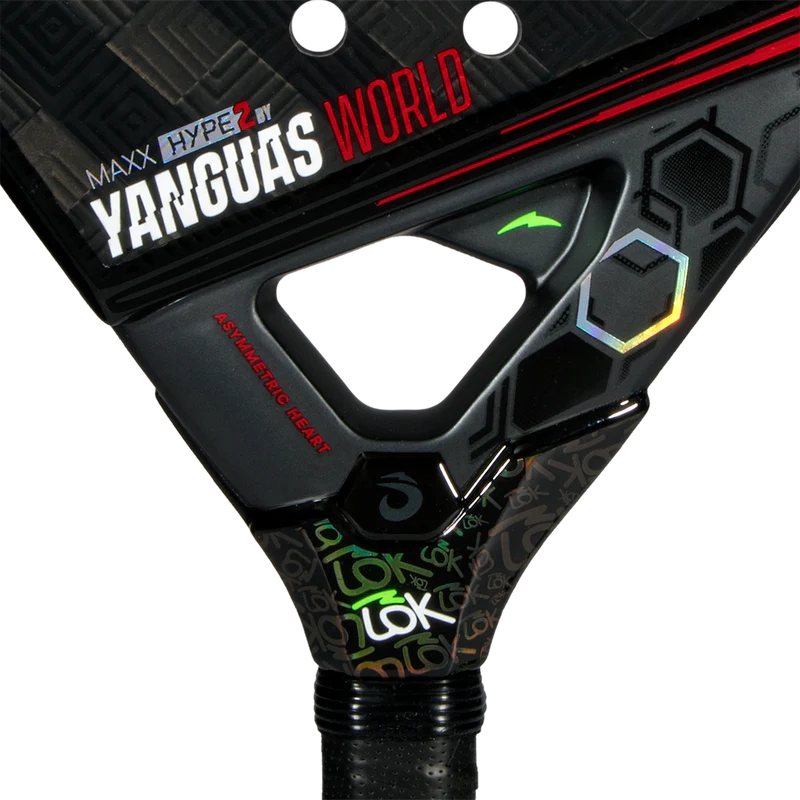Lok Maxx Hype Yanguas World padel racket with a sleek design, featuring vibrant colors and ergonomic grip for optimal play.