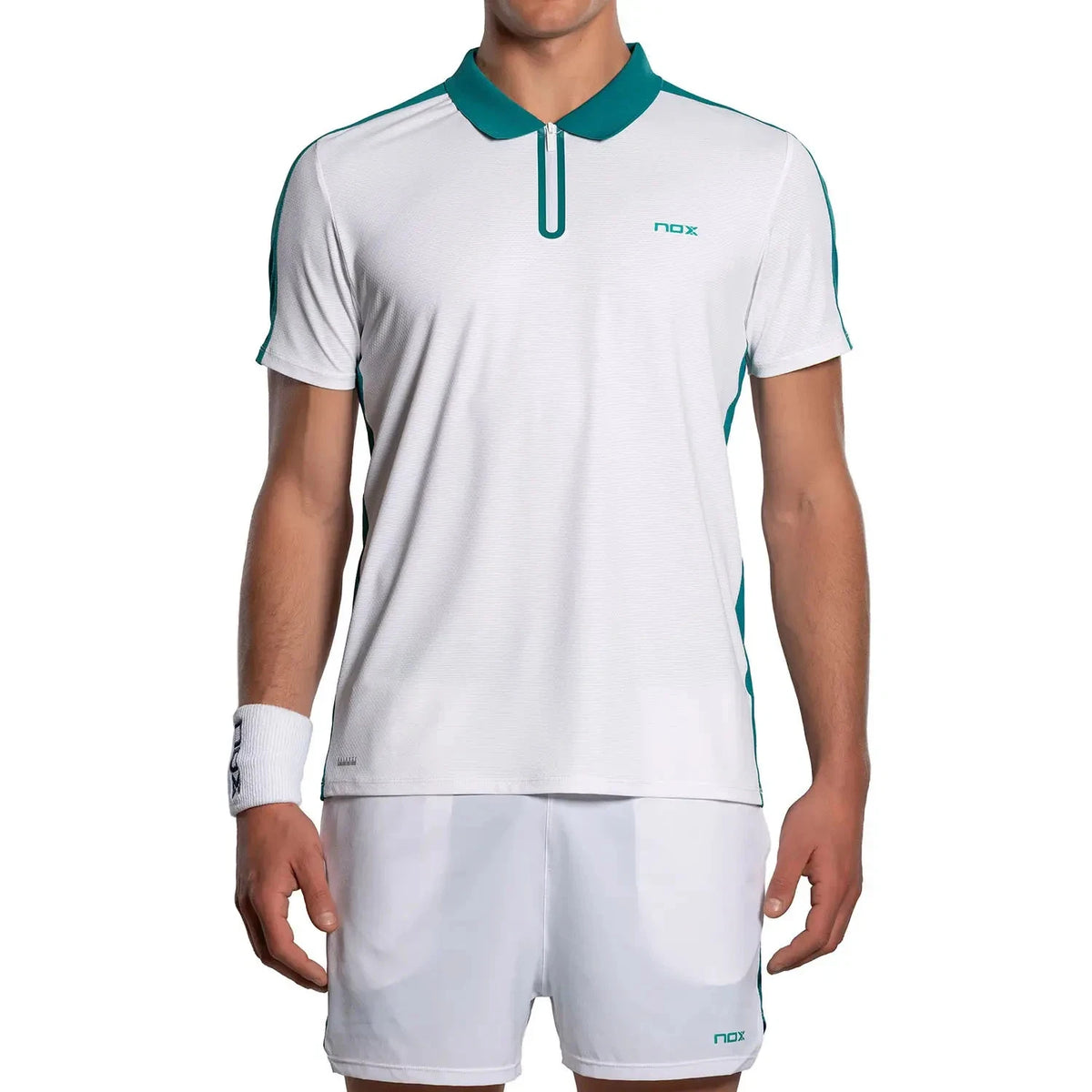 White and ivy green NOX PRO polo T-shirt in large size, featuring a classic fit and branding details.