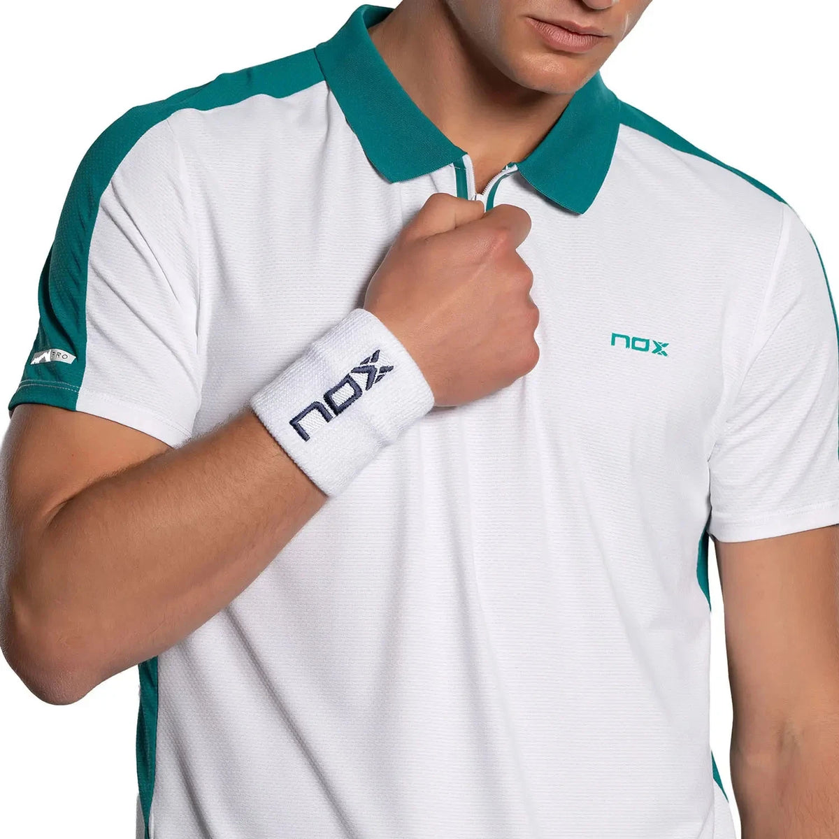 White and ivy green NOX PRO polo T-shirt in large size, displayed flat with collar and short sleeves.