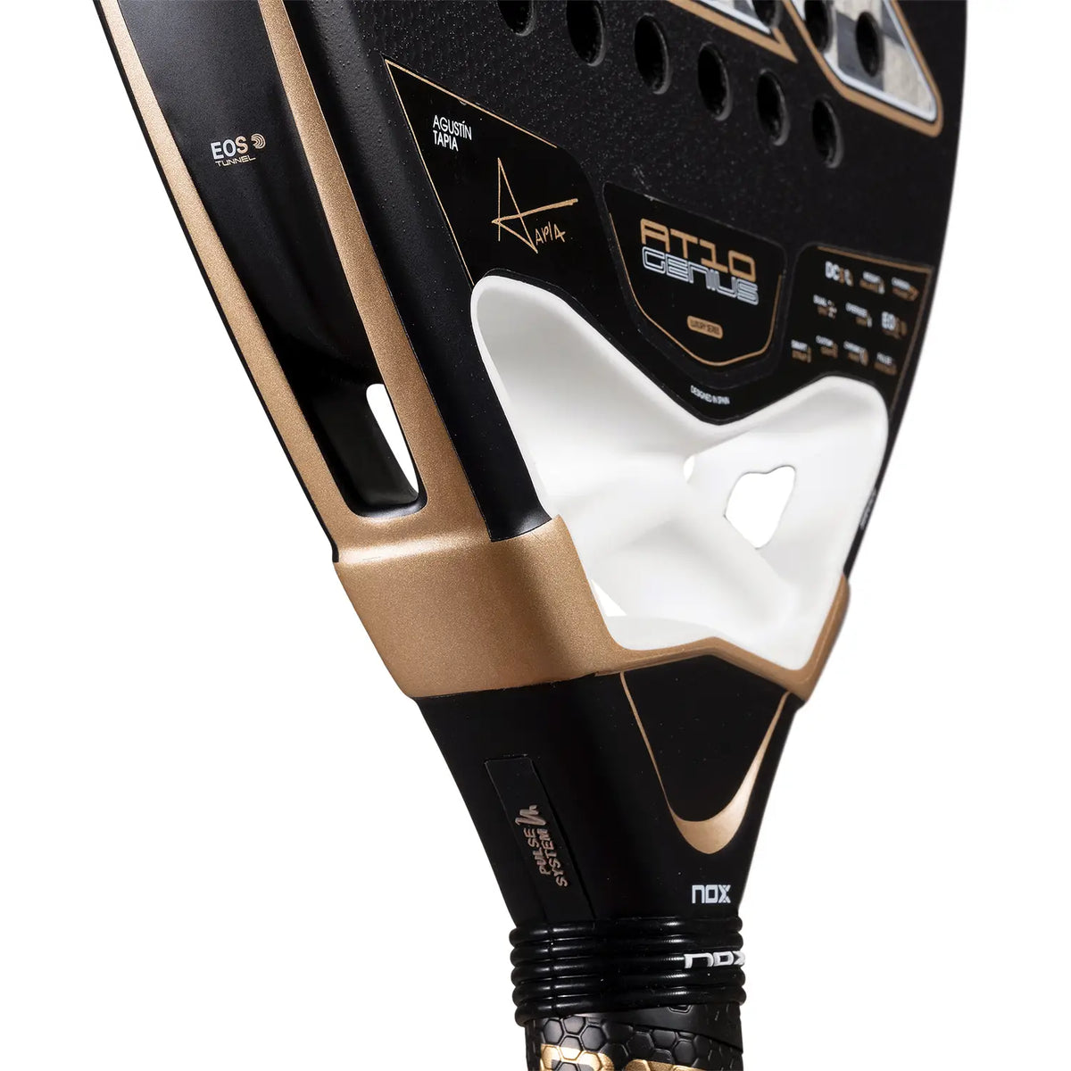 NOX AT10 Genius 18K aluminum by Agustin Tapia, showcasing the sleek racket frame with detailed craftsmanship and branding.
