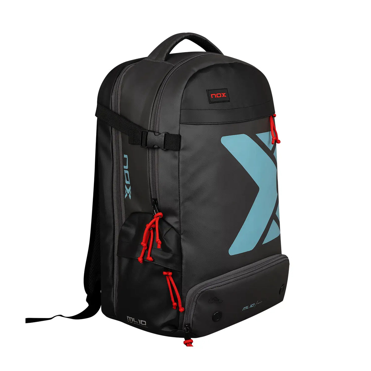 NOX ML10 Team black padel backpack with multiple compartments and padded straps for comfortable carrying.