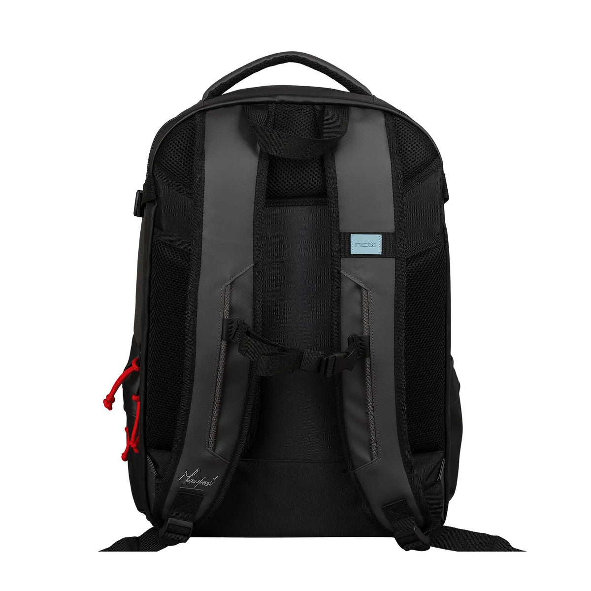 NOX ML10 Team backpack in black, a padded padel backpack with multiple compartments and adjustable straps for sports gear.