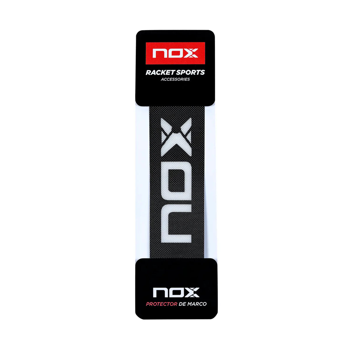 Black NOX padel racket protector with white logo, designed to shield the racket frame during play by PDLSport.