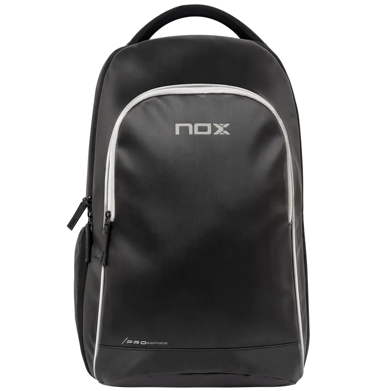 Black NOX Padel Backpack Pro Series 28L with adjustable straps and multiple compartments for sports gear and accessories.