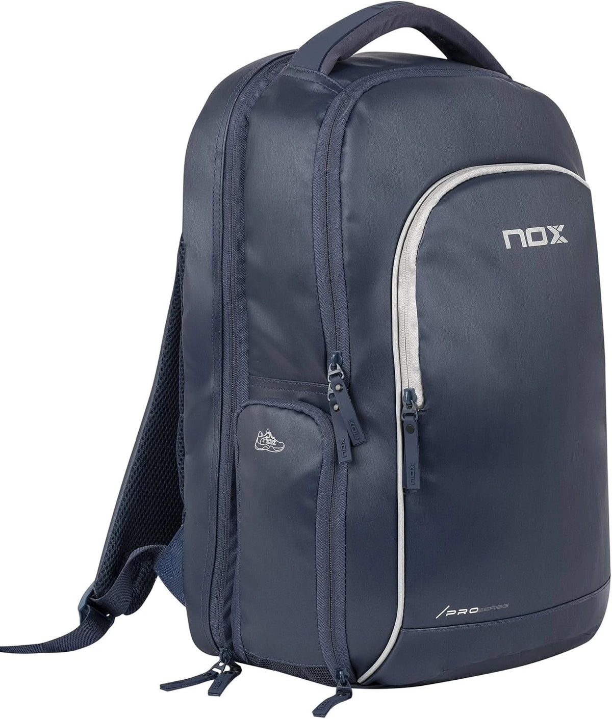 Blue NOX Padel Backpack Pro Series 28L with multiple compartments and padded straps for comfortable sports gear storage