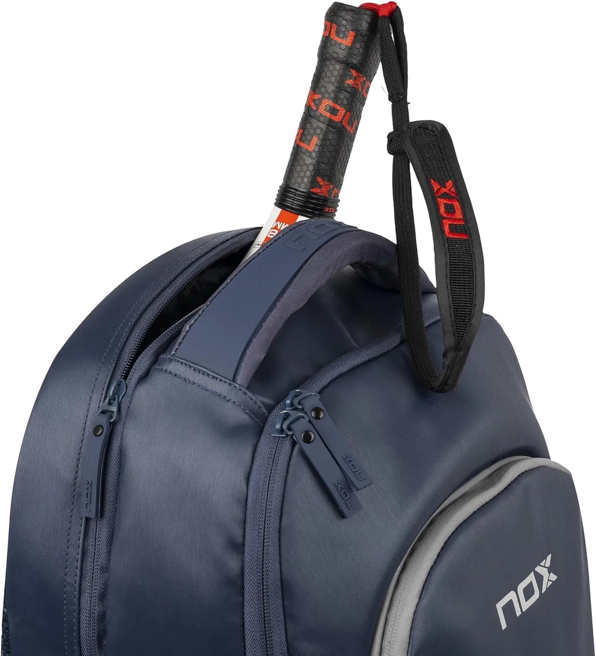 Blue NOX Padel Backpack Pro Series 28L with multiple compartments and padded straps, designed for comfortable carrying of padel gear.