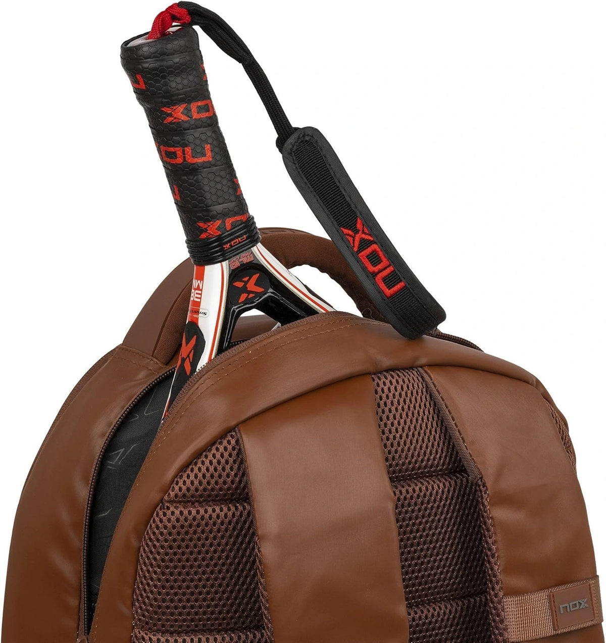 NOX Padel Backpack Pro Series 28L in camel brown with multiple compartments and padded straps, designed for padel players.