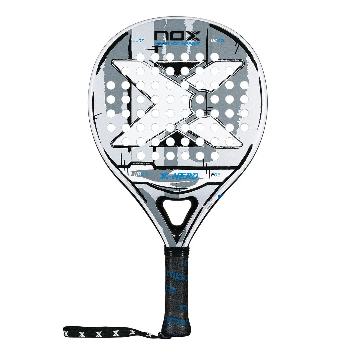 White NOX X-HERO padel racket by PDLSport with a sleek design and ergonomic grip, ideal for competitive padel players.