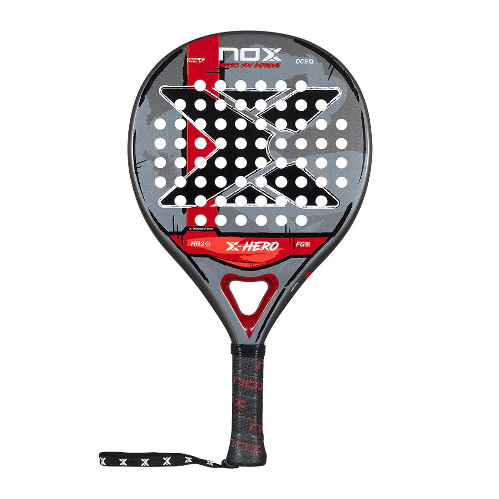 NOX X-Hero Red padel racket showcasing its vibrant red design, lightweight frame, and textured hitting surface for dynamic play.