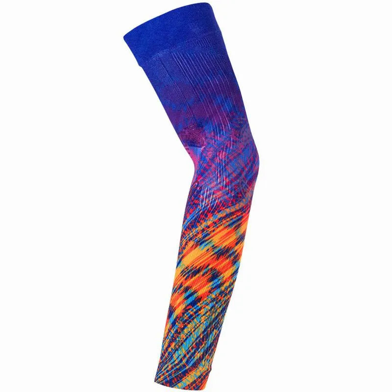 PDLSport No Strain Fantasy Rio orange and blue arm warmers in size L-XL, featuring vibrant color design and comfortable fit.