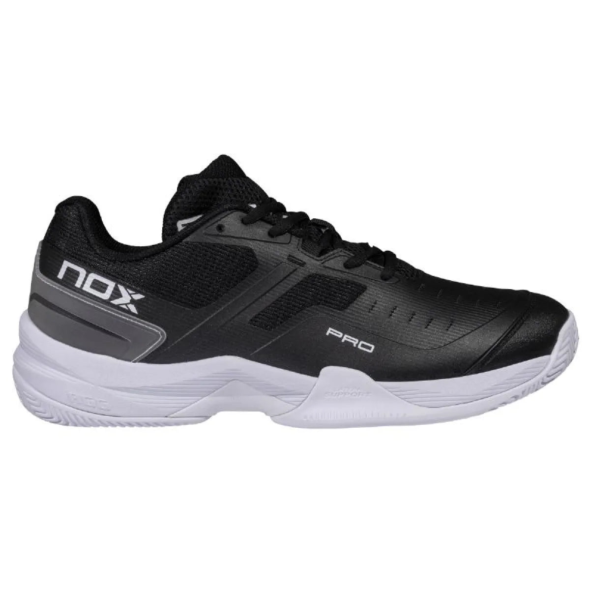 Nox AT10 Pro black and white UK size 6 gaming sneakers, side view showing stylish design and athletic fit.