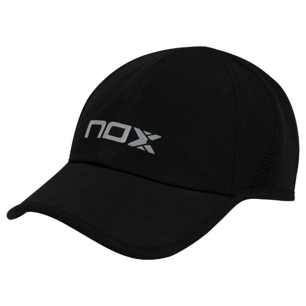 Black and white Nox cap with adjustable strap and logo embroidery, casual sportswear accessory.