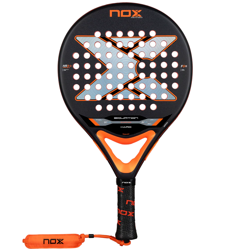 Nox Equation Hard Advanced 2026 padel racket with a sleek black design and ergonomic grip for high performance.
