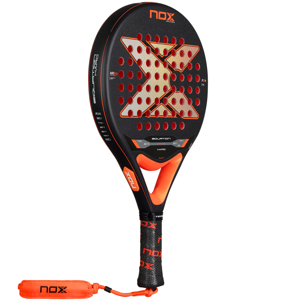 Nox Equation Hard Advanced 2026 padel racket with black and blue design, lightweight frame, and textured hitting surface.