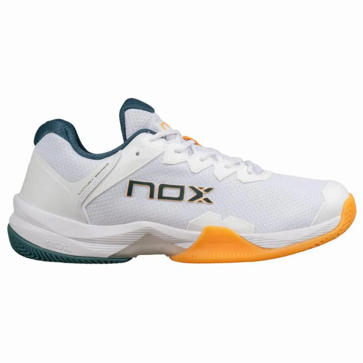 Nox ML10 Hexa Apricot White UK 6.5 padel shoes with white and apricot accents, featuring a modern athletic design and durable sole.