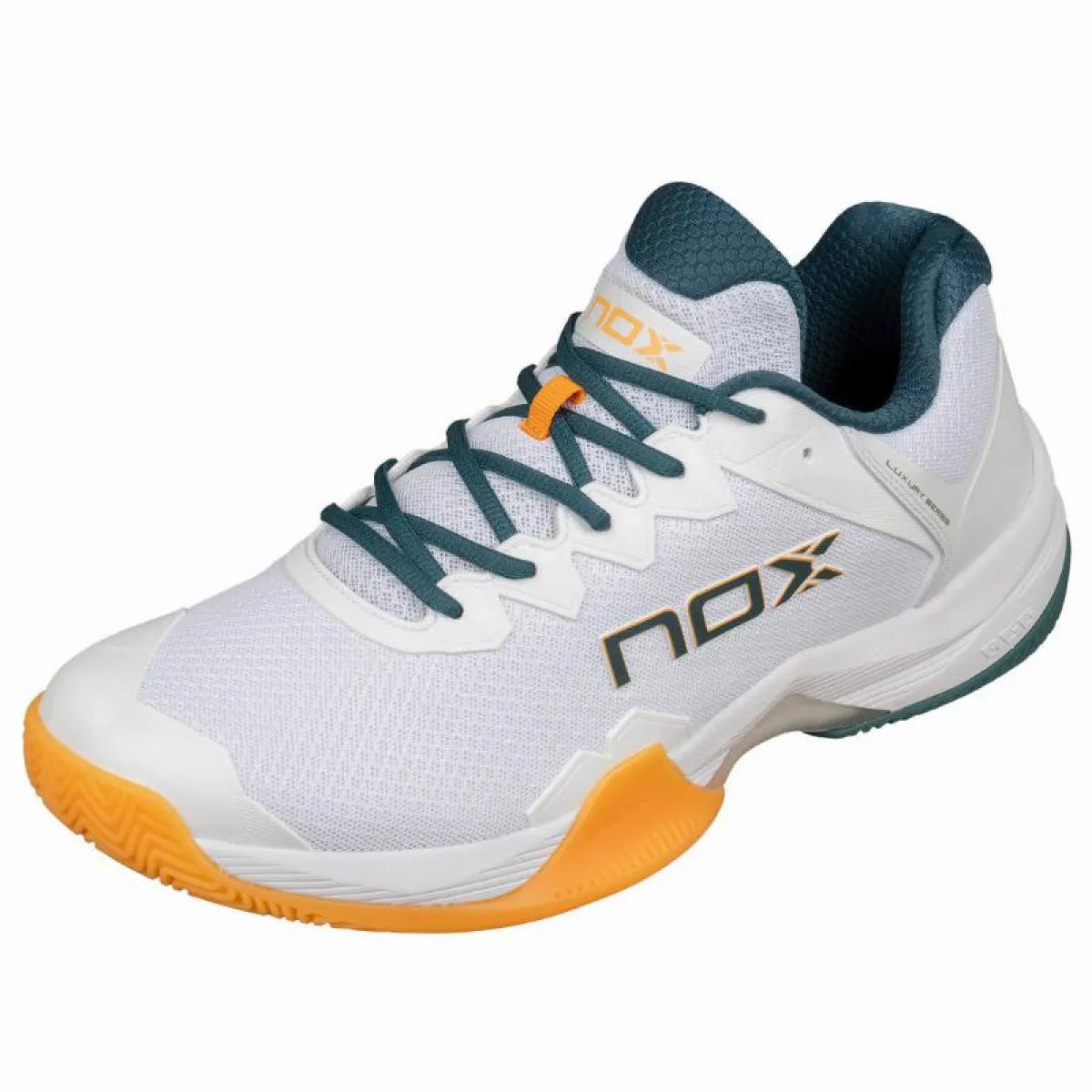 Nox ML10 Hexa Apricot White UK 6.5 padel shoes featuring a sleek apricot and white design with breathable mesh and grip sole.