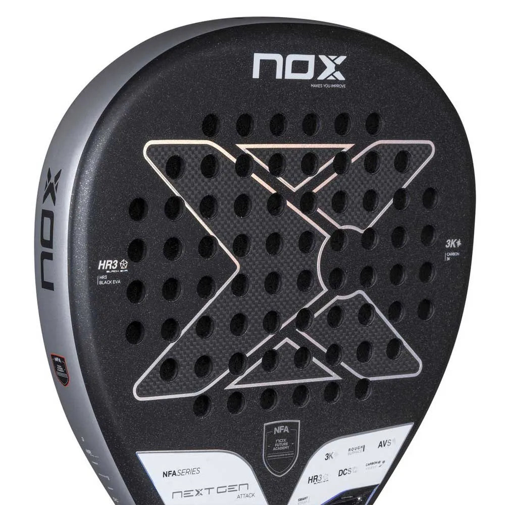 Nox NextGen Pro Attack 3K padel racket with a sleek design, lightweight frame, and 3K carbon fiber surface for optimal performance.