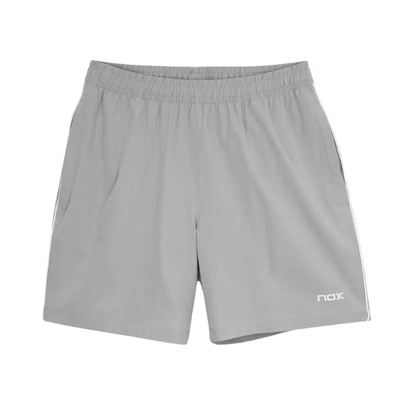 Medium grey Nox Team shorts by NOX, laid flat showing the fabric and design details for active sportswear.
