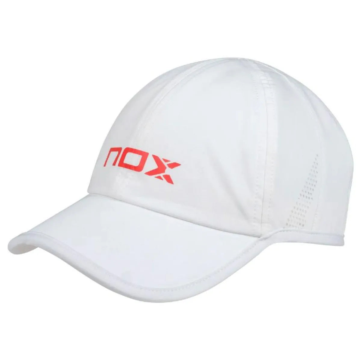 Nox White Red Cap featuring a white crown with red brim and logo, adjustable strap, and sporty design.